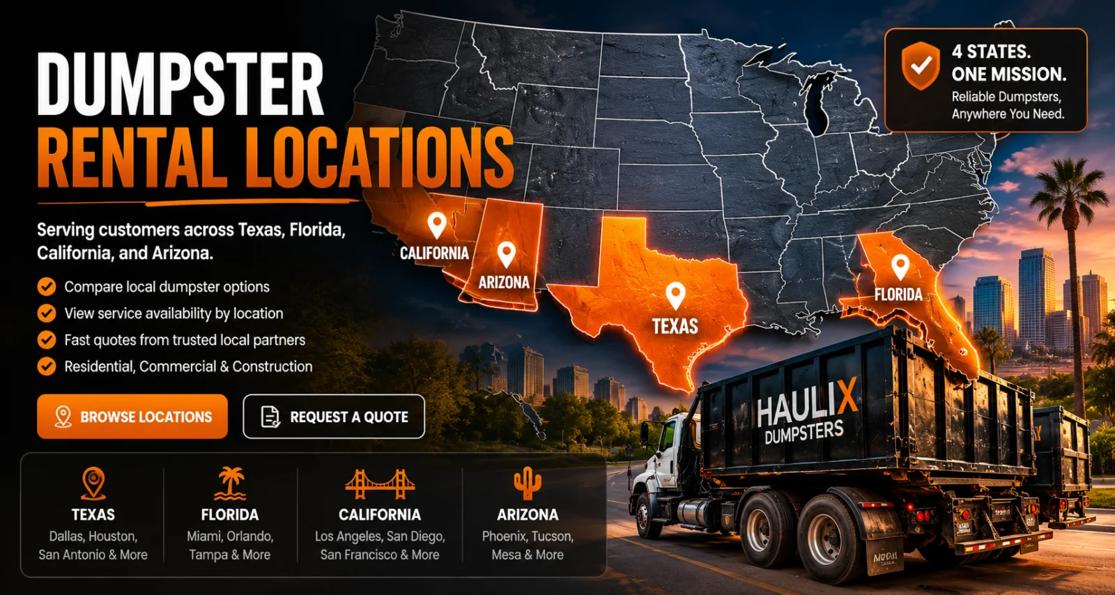 Dumpster map showing 4 states; Texas, Carlifonia, Florida and Arizon
